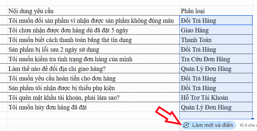Hoàn thành bảng phân loại bằng Gemini trong Google Sheets