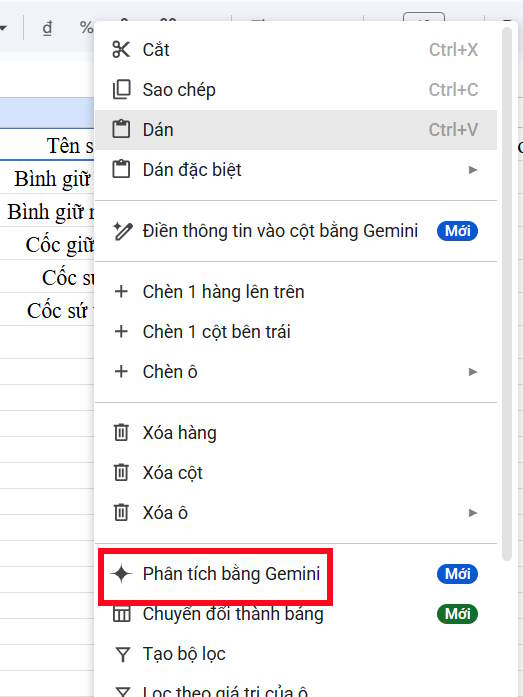 Phân tính bảng dữ liệu Google Sheets bằng Gemini