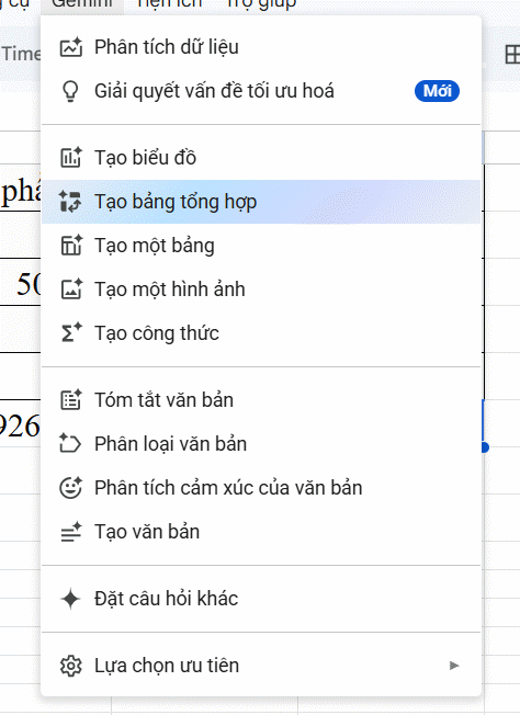 Tạo bảng tổng hợp bằng Gemini trên Google Sheets
