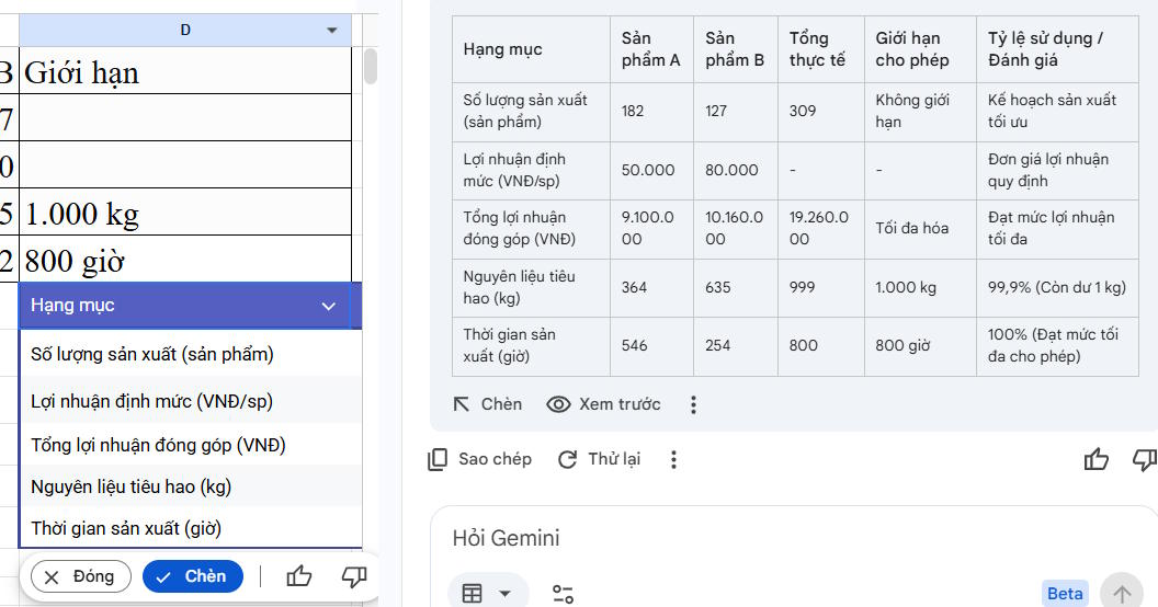 Bảng tổng hợp bằng Gemini trên Google Sheets