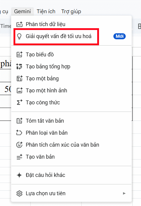 Tính năng tối ưu hóa bằng Gemini trong Google Sheets