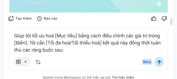 Câu lệnh tối ưu hóa bằng Gemini trong Google Sheets