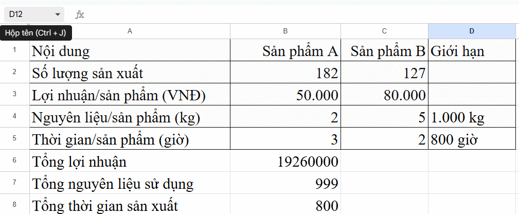 Hoàn thiện bảng sản phẩm Google Sheets