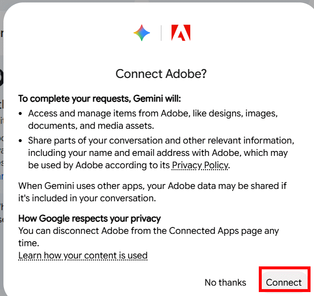 Kết nối Adobe trong Gemini