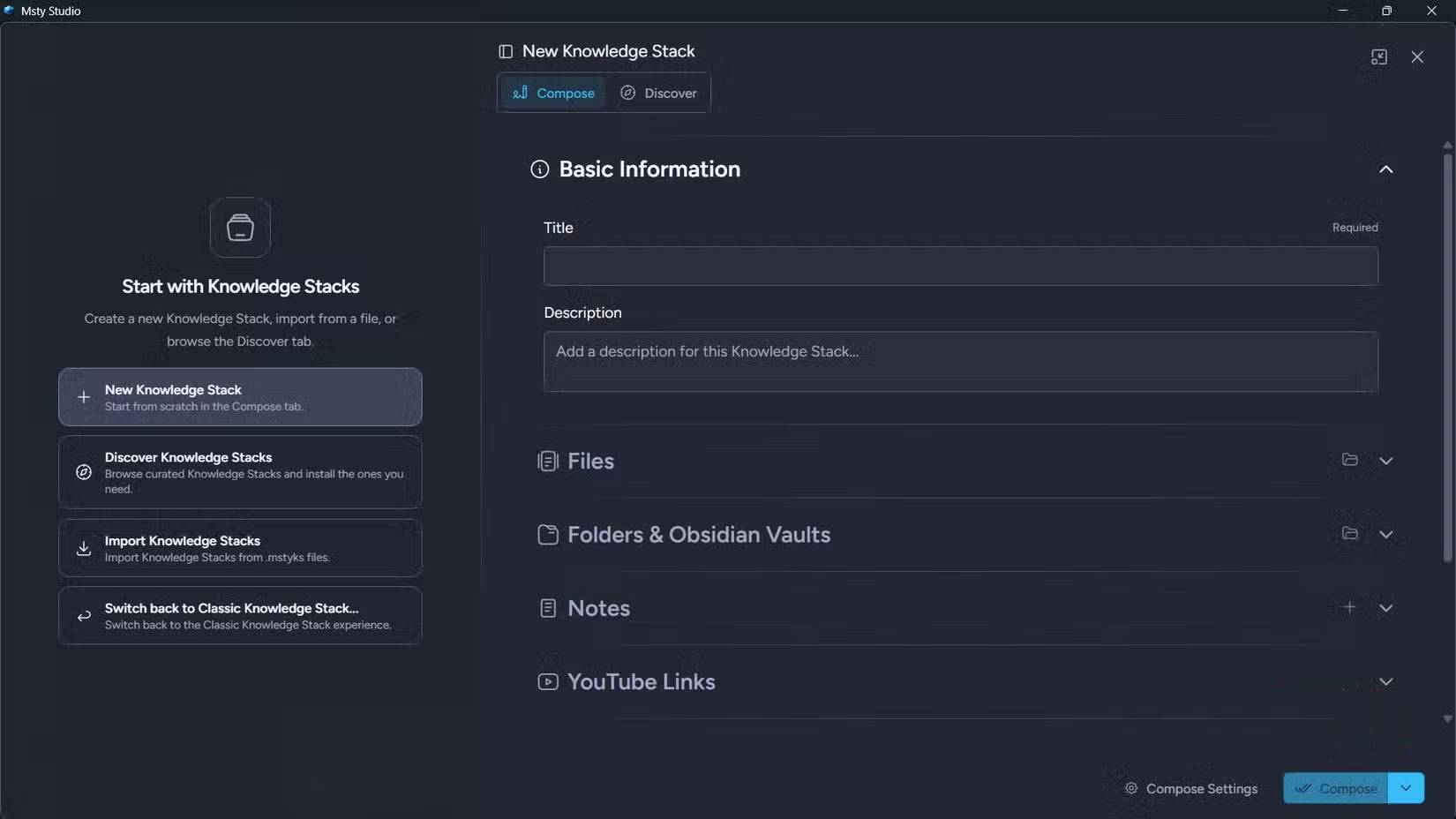 Bảng Knowledge Stack mới trong Msty Studio với các trường soạn thảo đang mở
