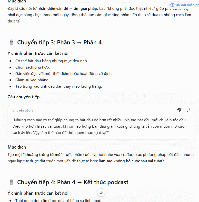 Prompt tạo mạch chuyển tiếp giữa các phần Podcast