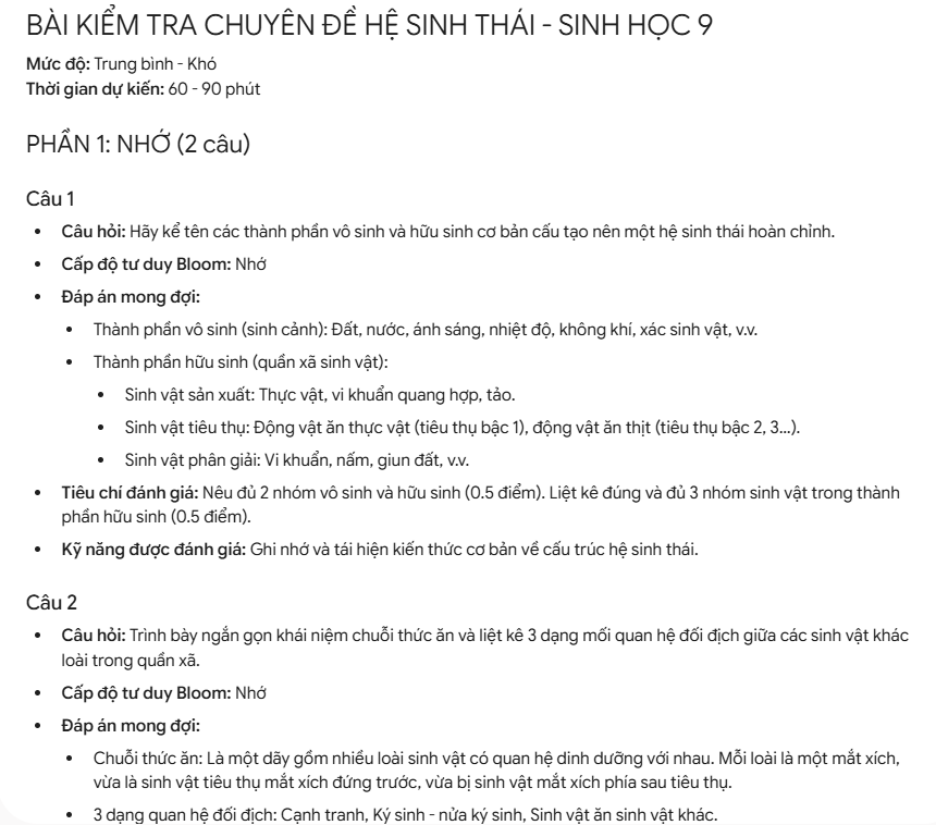 Tạo bài kiểm tra theo thang tư duy Bloom