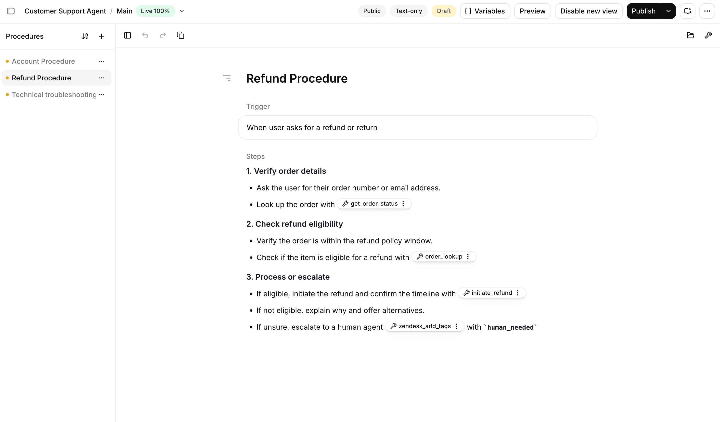 Tab Procedures trong dashboard