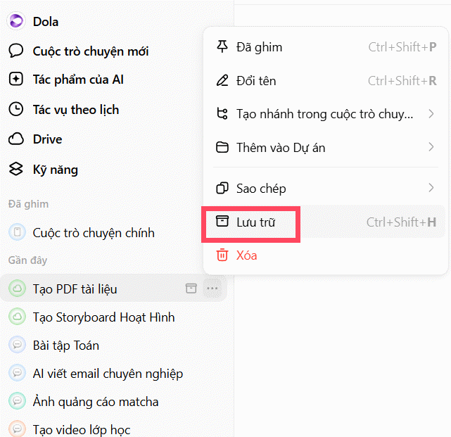 Lưu trữ tin nhắn trên Dola AI