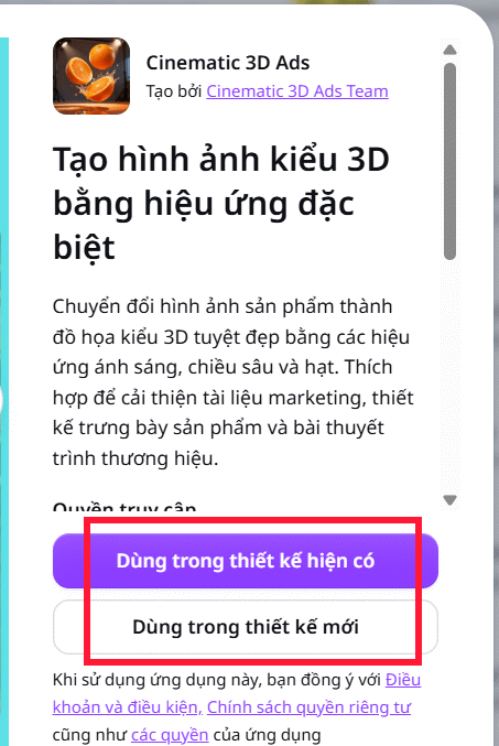 Chọn thiết kế dùng Cinematic 3D Ads
