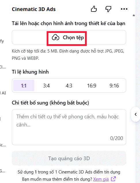 Tải ảnh sản phẩm lên Cinematic 3D Ads