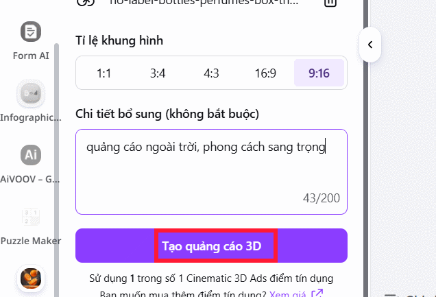 Tạo quảng cáo 3D trên Cinematic 3D Ads