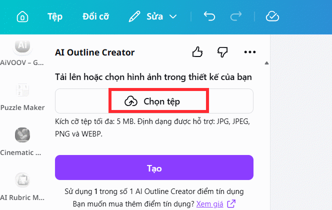 Tải ảnh lên AI Outline Creator trên Canva
