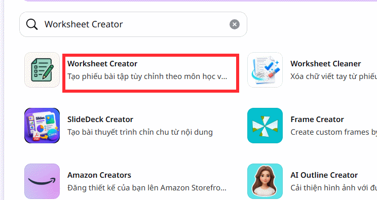 Ứng dụng Worksheet Creator trên Canva