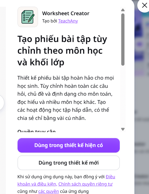 Chọn thiết kế dùng Worksheet Creator trên Canva