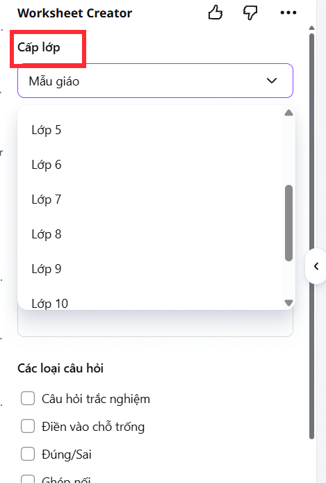 Chọn cấp lớp tạo phiếu bài tập Worksheet Creator trên Canva