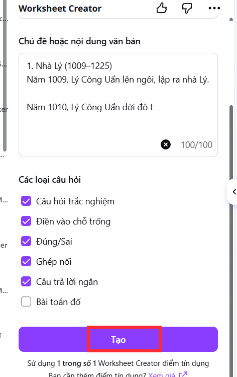Chọn loại câu hỏi phiếu bài tập Worksheet Creator trên Canva