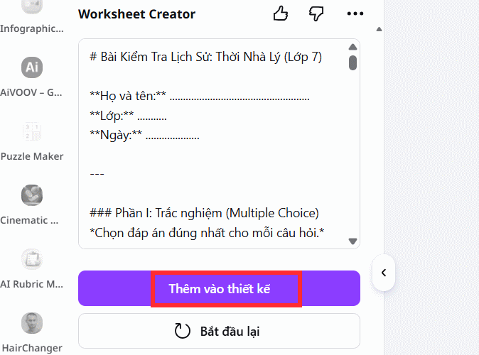Câu hỏi phiếu bài tập Worksheet Creator trên Canva