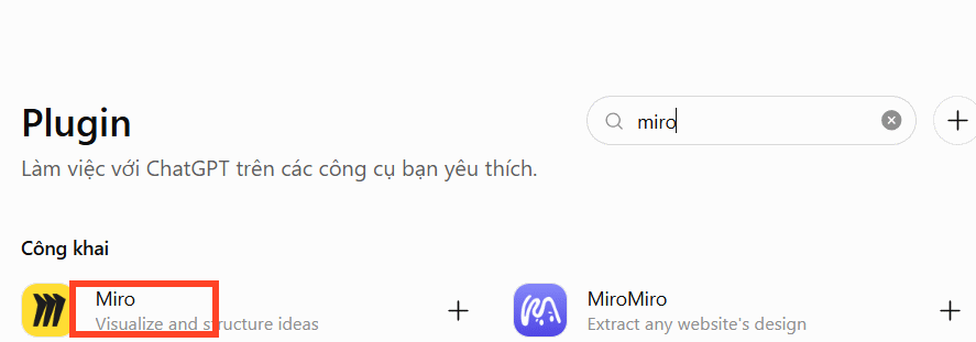 Tìm kiếm plugin Miro trên ChatGPT