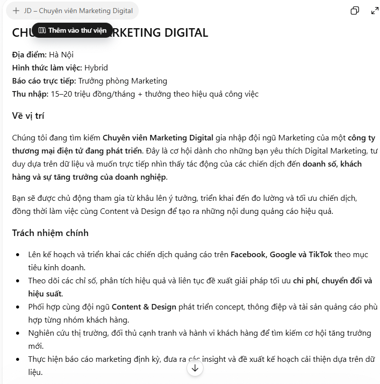Câu lệnh tạo JD tuyển dụng tiêu chuẩn