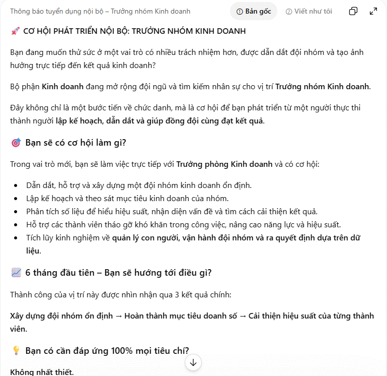 Prompt viết tin tuyển dụng nội bộ