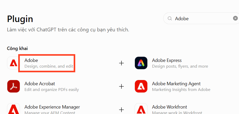 Tìm ứng dụng Adobe trên ChatGPT