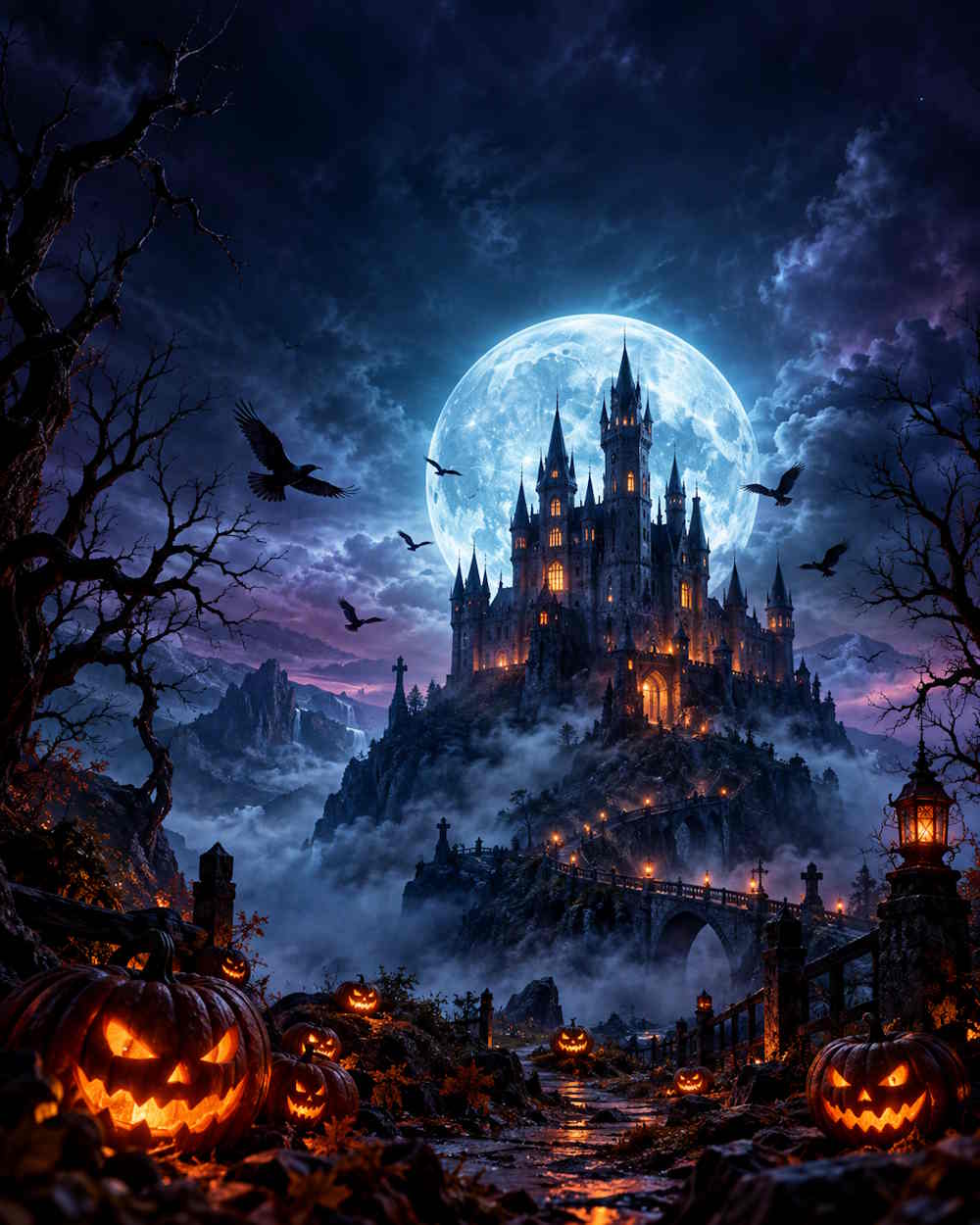 Poster Halloween Lâu đài dưới ánh trăng