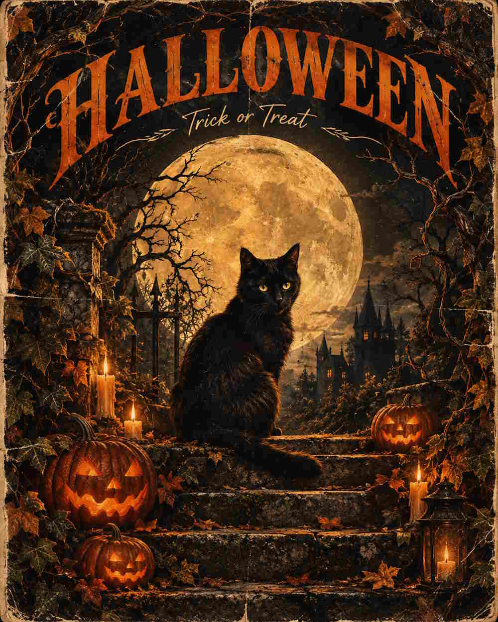 Poster Halloween Mèo đen và đêm Halloween
