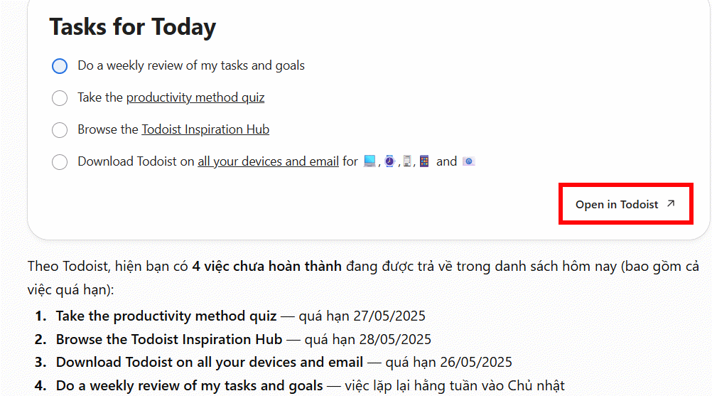 Kiểm tra task Todoist với ChatGPT