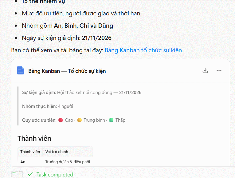 Kết quả tạo Kanban trên Manus AI