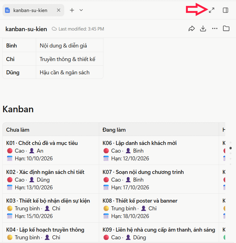 Xem bảng Kanban quản lý trên Manus AI