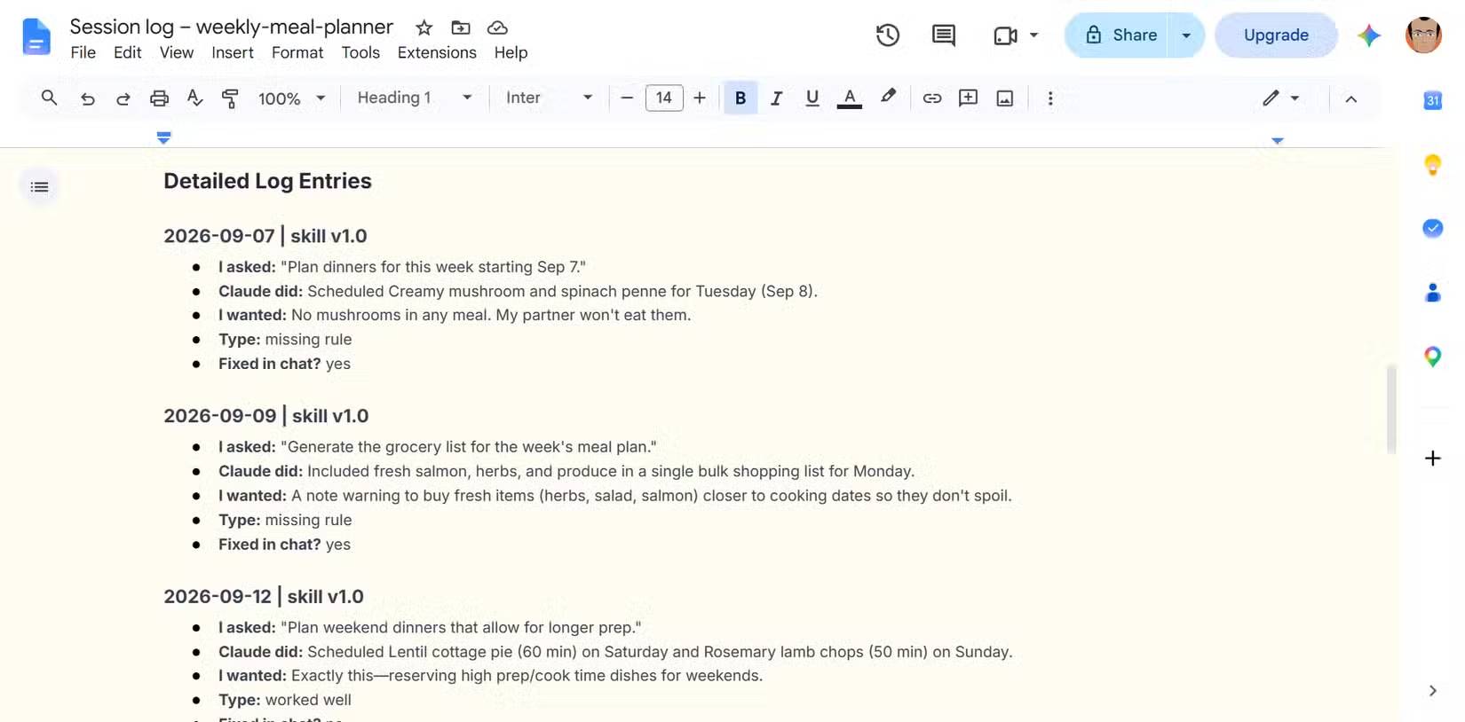 File Google Doc ghi lại các bữa ăn bị bỏ qua, nguyên liệu bị thiếu và ghi chú về thức ăn thừa từ kế hoạch bữa ăn mỗi tuần