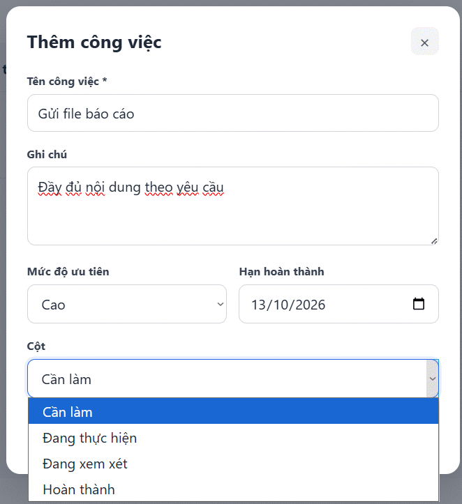 Nội dung công việc bảng quản lý Kanban trên ChatGPT