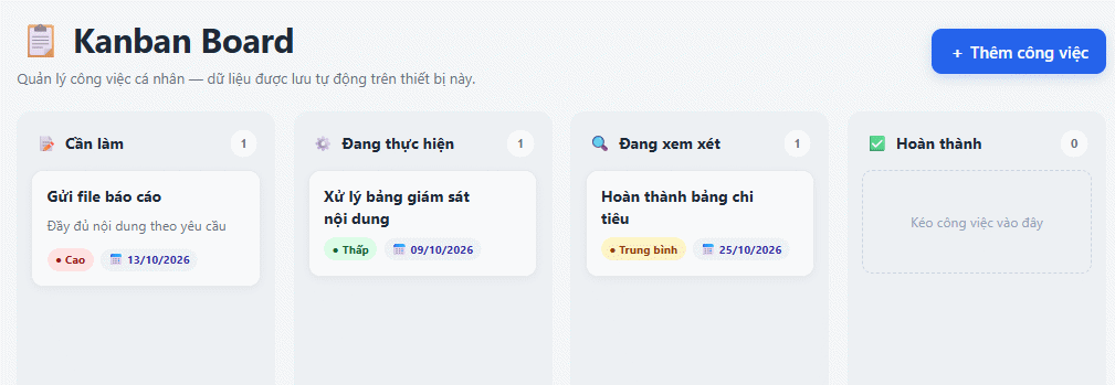 Phân loại công việc bảng quản lý Kanban trên ChatGPT