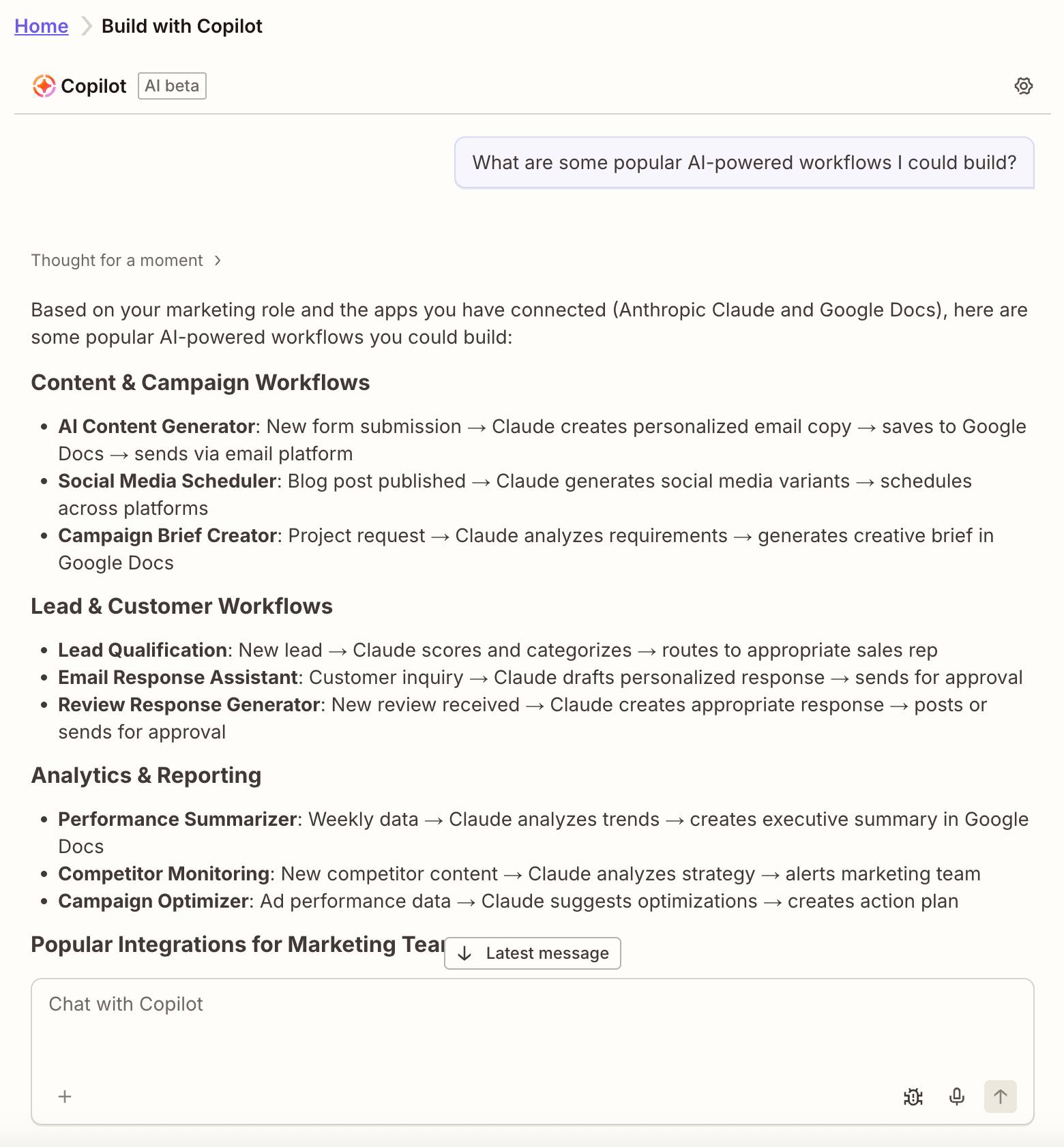 Phản hồi từ Zapier Copilot liệt kê các workflow phổ biến sử dụng AI
