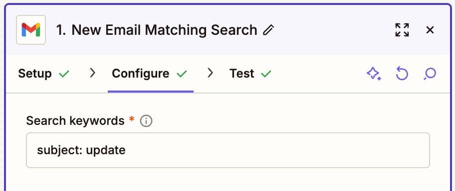 Bước hành động Gmail (New Email Matching Search) trong tab Configure