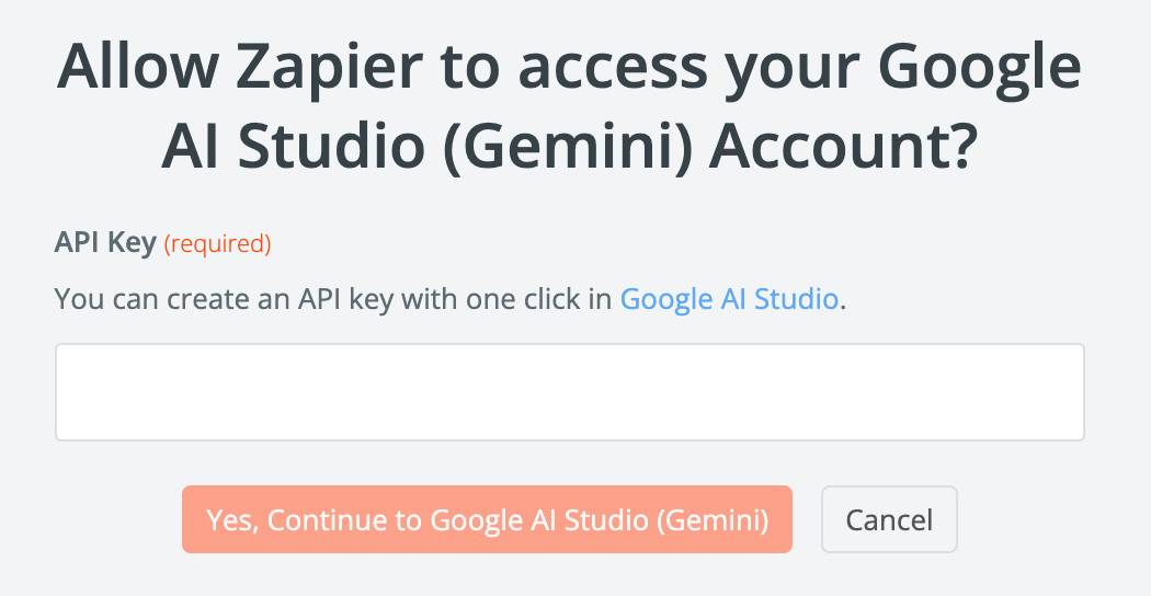 Yêu cầu cấp quyền truy cập tài khoản Google AI Studio cho Zapier