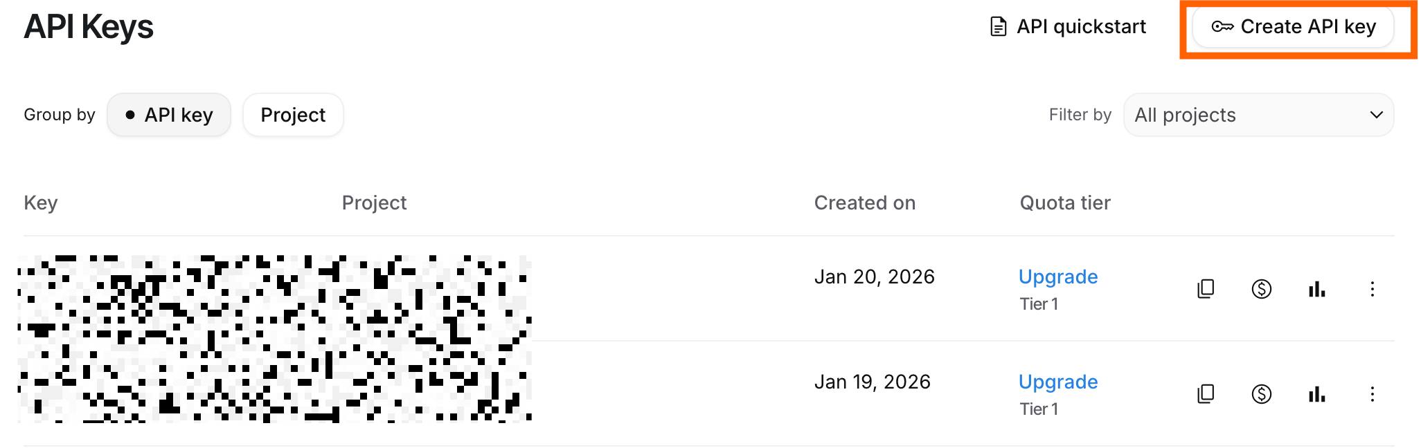 Trang API Keys trên website Google AI Studio
