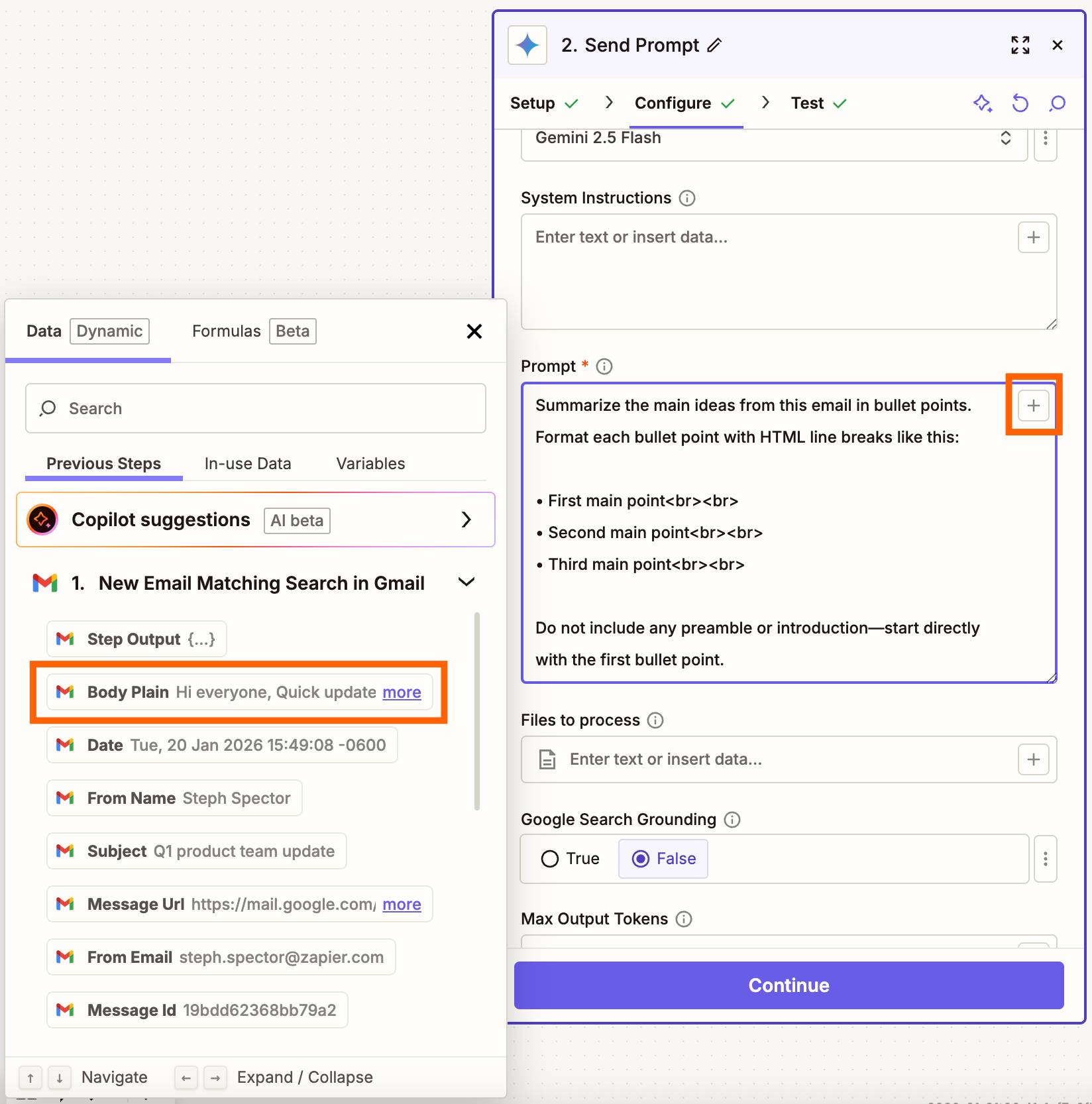 Một bước hành động Google AI Studio (Send Prompt) 