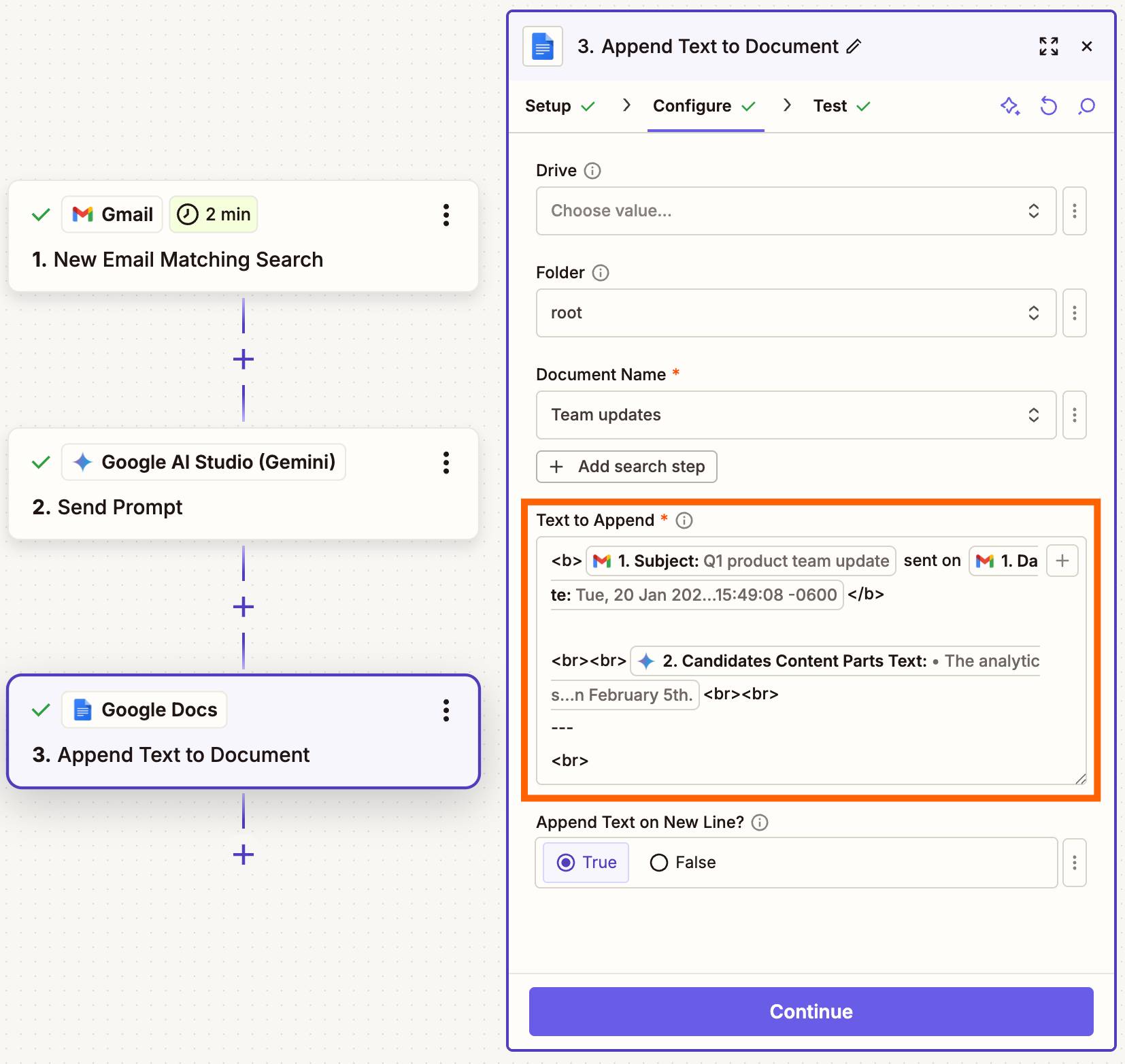 Bước hành động Google Docs (Append Text) 
