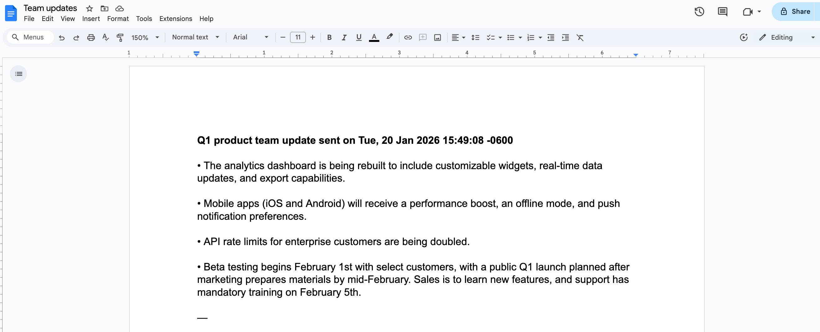 Một tài liệu Google Doc chứa danh sách các cập nhật của nhóm dưới dạng gạch đầu dòng
