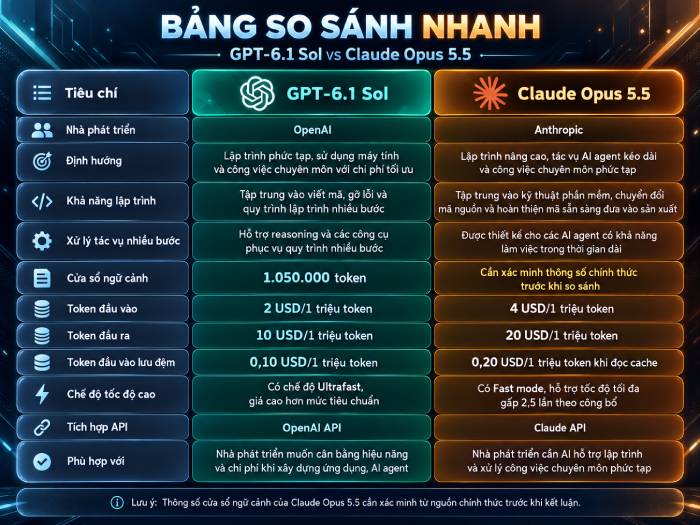 Bảng so sánh tổng quan GPT-6.1 Sol và Claude Opus 5.5