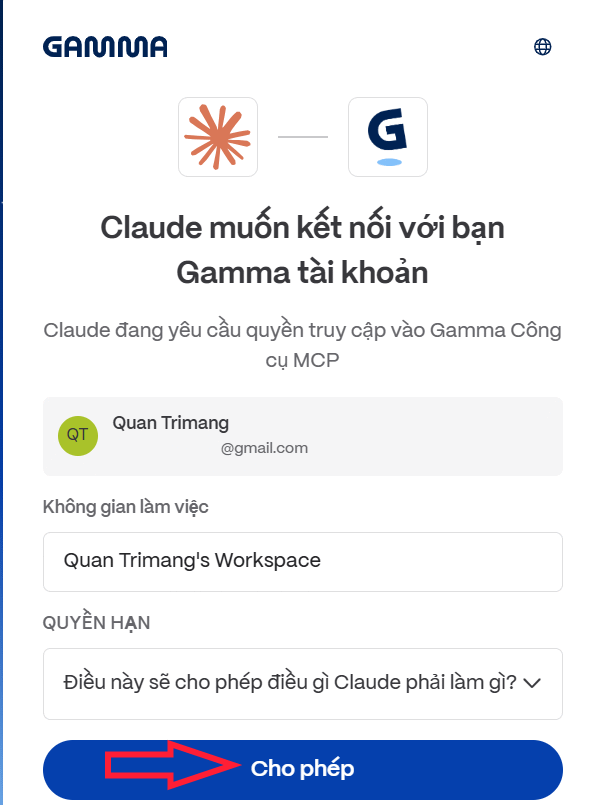 Cho phép kết nối Gamma với Claude