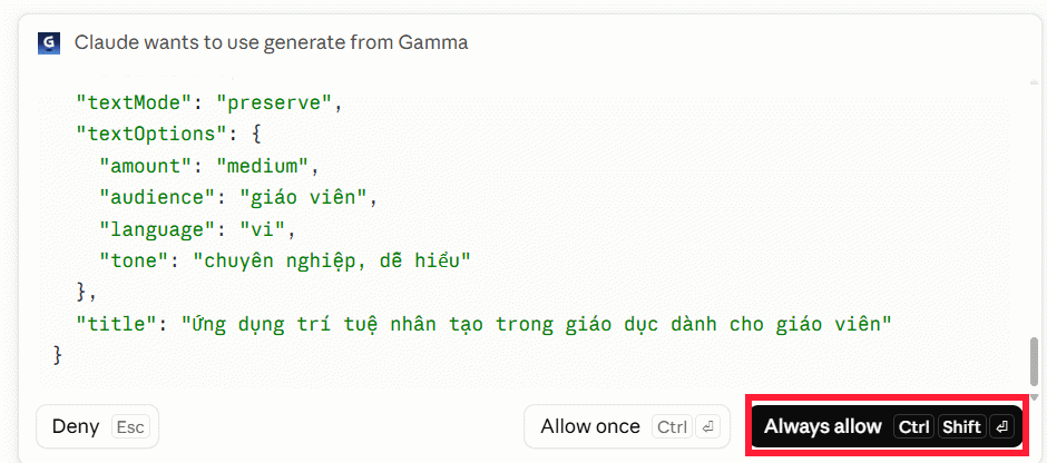 Cho phép kết nối Gamma với Claude