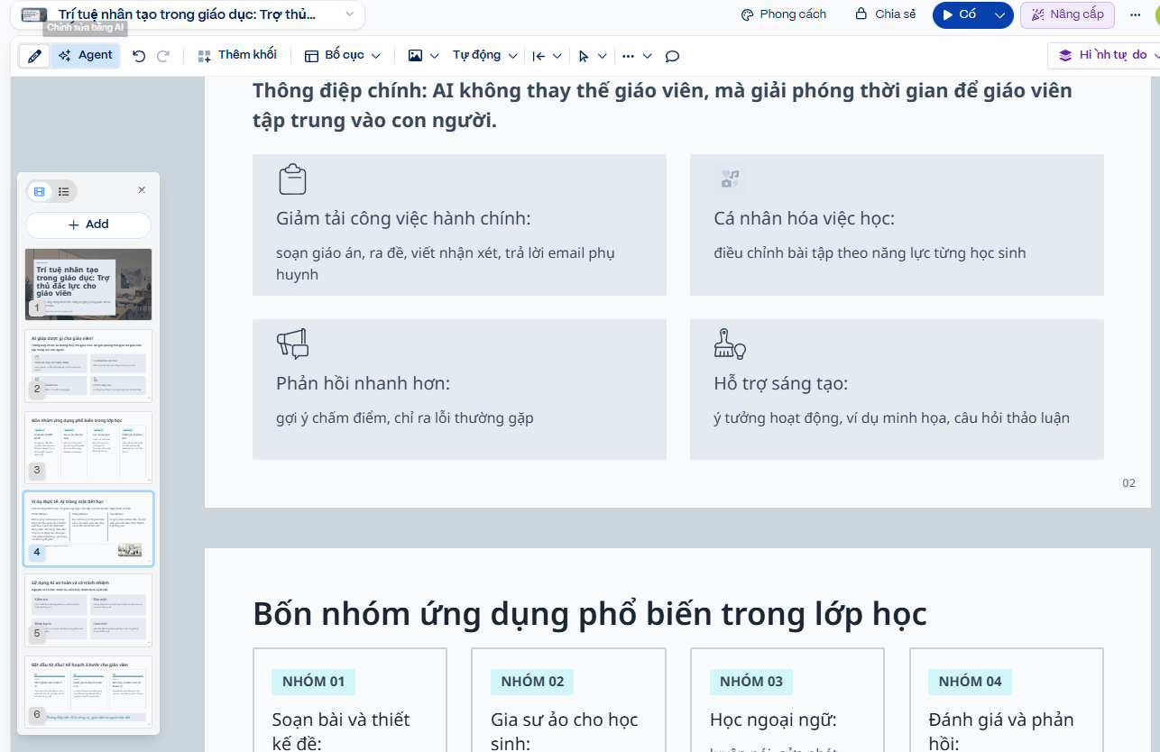 Giao diện chỉnh sửa slide bằng Gamma với Claude