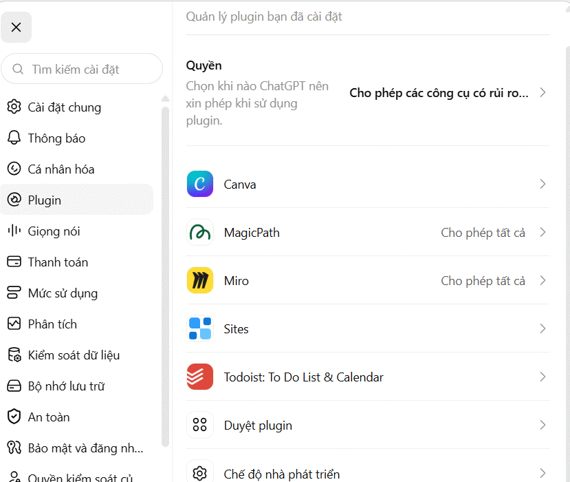 Quản lý ứng dụng cài đặt trên ChatGPT