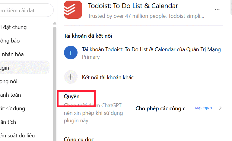 Chỉnh quyền ứng dụng cài đặt trên ChatGPT