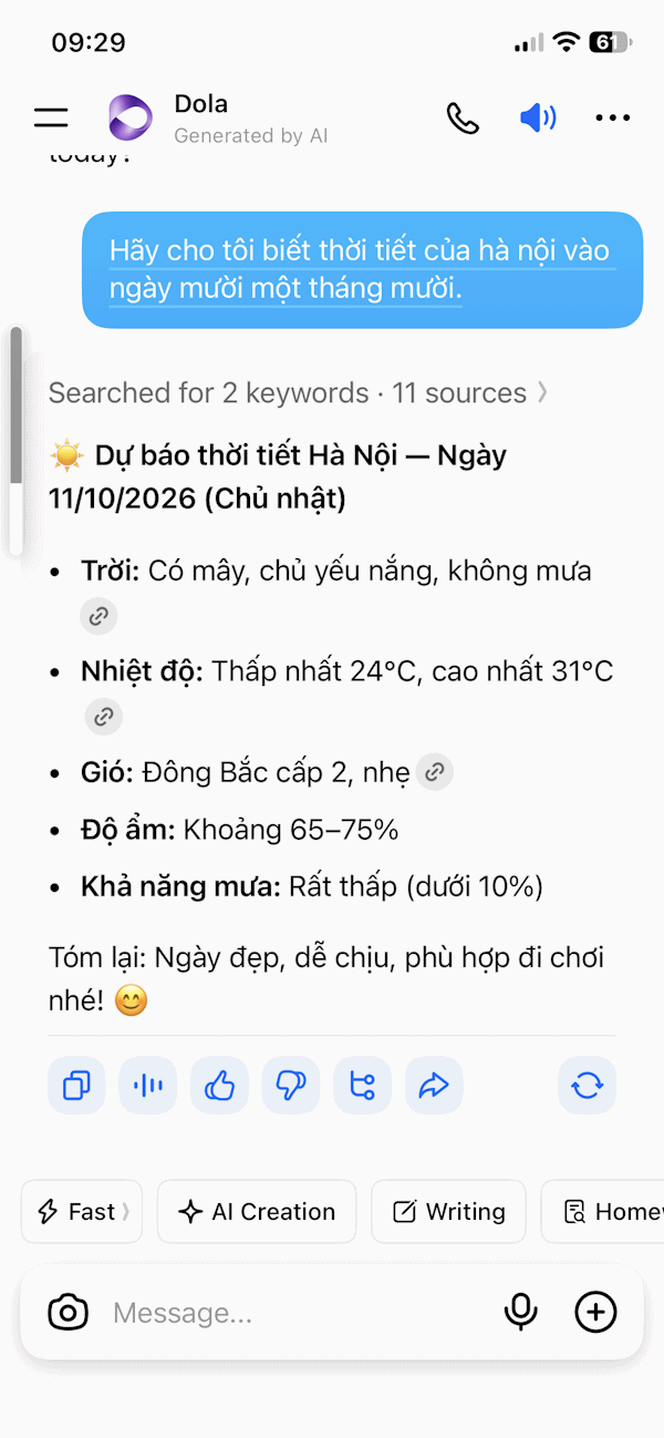Nội dung phản hồi bằng giọng nói trên Dola AI