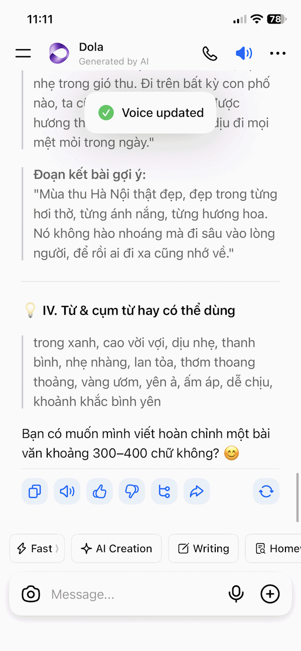 Phản hồi bằng giọng nói của bạn trên Dola AI