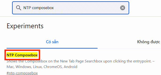 Tìm kiếm flag NTP composebox trên Chrome